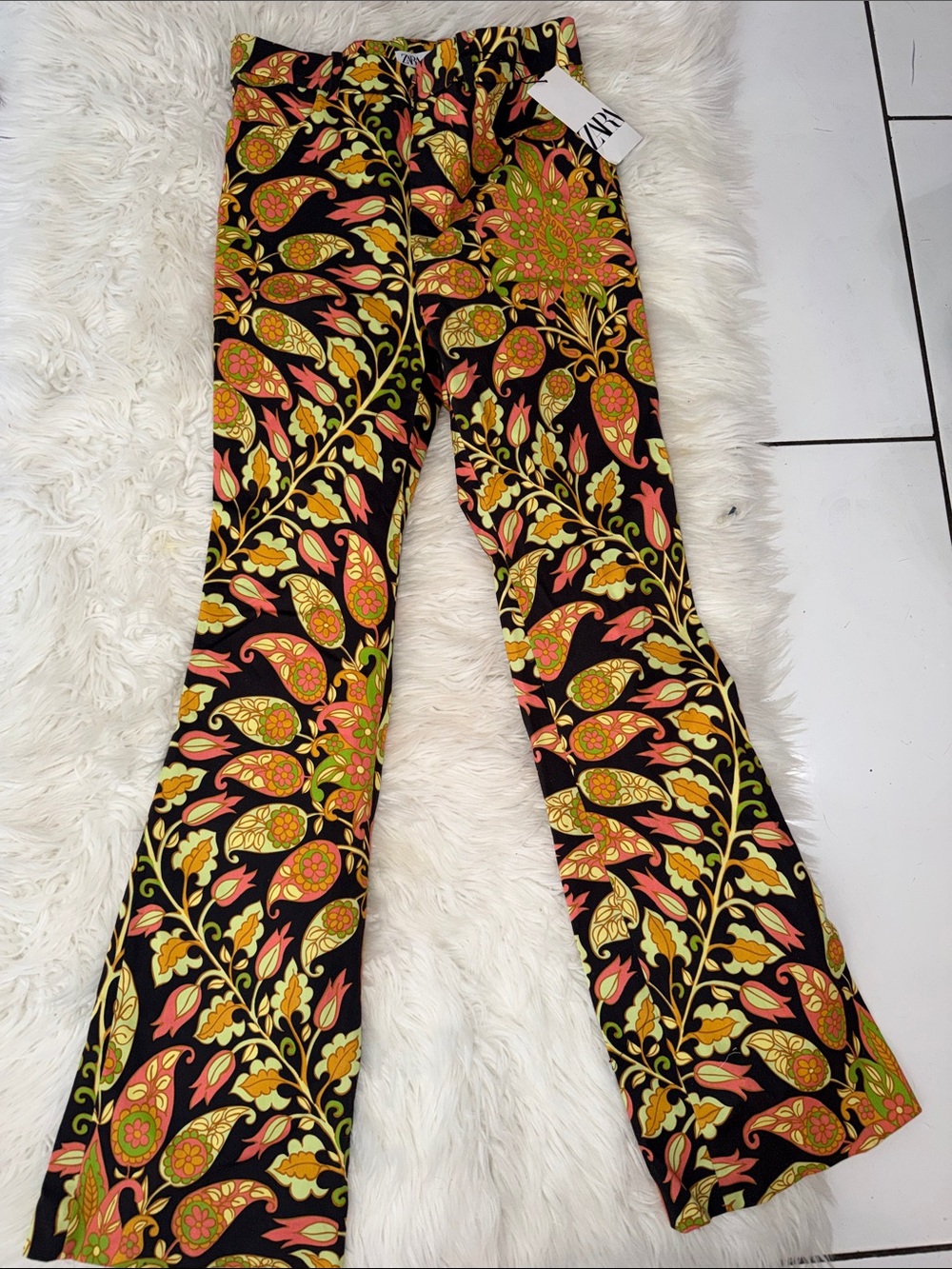 Zara Black Floral Paisley Trousers with Yellow & Pink Accents